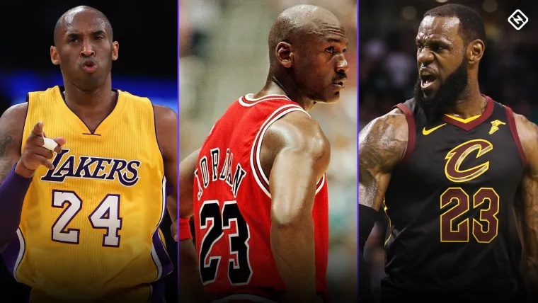 A photo of basketball greats Kobe Bryant, Michael Jordan, and LeBron James.