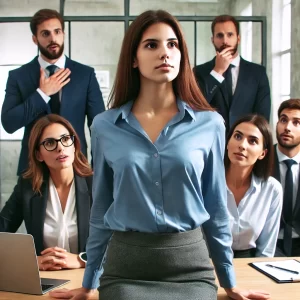 A professional office setting with a confident individual standing up in a meeting, while others look surprised or hesitant.